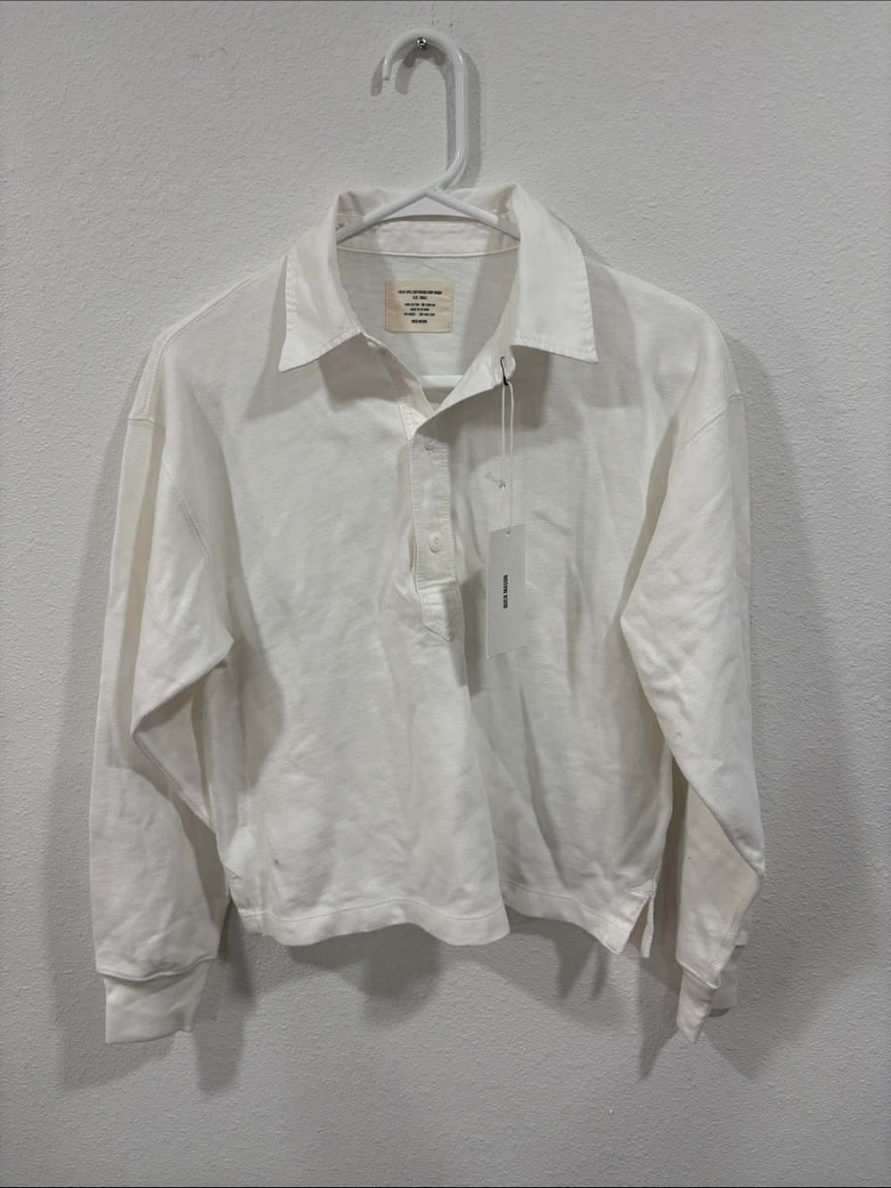 Buck Mason Women’s White Field Spec Boyfriend Crop Rugby Polo Small Retail $118